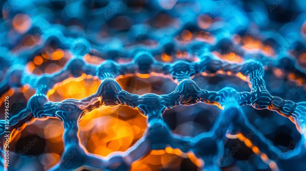 Poster close up of a complex molecular lattice, illuminated with blue and orange hues, highlighting the int