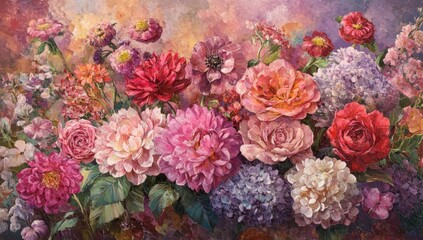Floral still life, garden bouquet,  painting, soft background