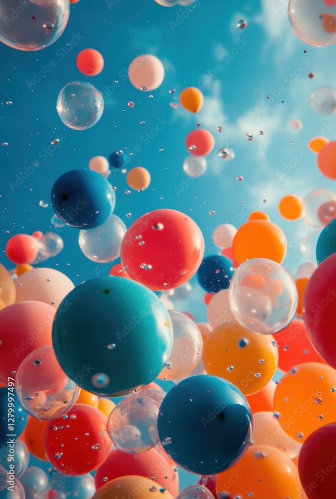 Poster colorful balloons floating in a clear sky with bubbles, creating a joyful and playful atmosphere per
