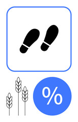 Footprints within a blue border, black wheat stalks, and blue percentage sign. Ideal for agriculture, farming analytics, environmental impact, sustainability, eco-friendly initiatives, agricultural