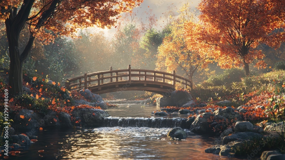 Poster Serene autumn scene with wooden bridge over stream.