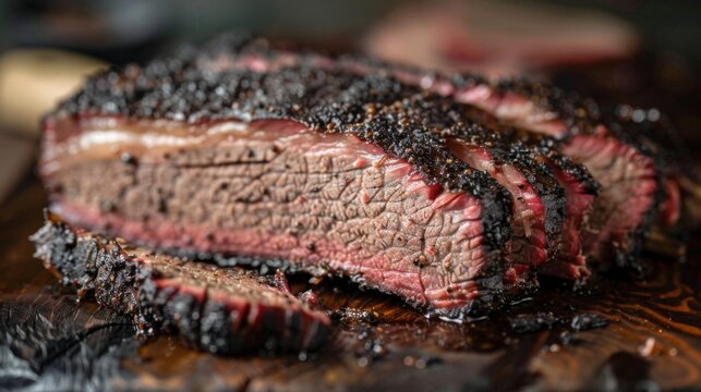 Mouthwatering smoked brisket rests on a wooden board, showcasing a deep crust and tender slices, ideal for summer barbecues. The inviting kitchen ambience adds to the culinary experience.