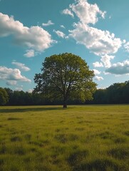 Fototapeta premium Solitary tree field blue sky