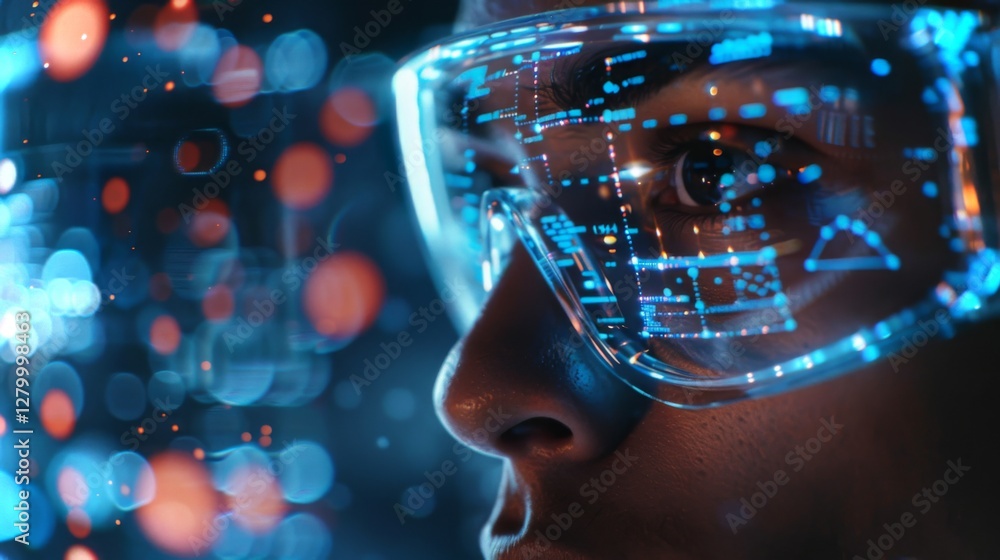 Aufkleber Person focuses intently while wearing advanced augmented reality glasses that display glowing data and visual elements in a vibrant, high tech setting during nighttime.