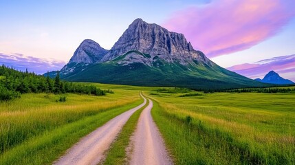 Fototapeta premium Serene mountain landscape with a dirt road leading through a vibrant meadow at sunset