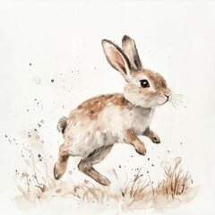 Obraz premium Bouncing rabbit in nature watercolor art meadow background playful and whimsical scene