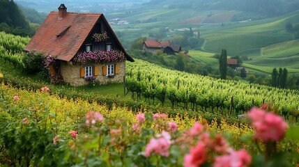 Fototapeta premium Charming cottage surrounded by lush vineyards scenic landscape photography