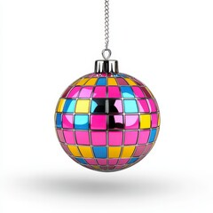 Obraz premium Shiny Disco Ball Christmas Ornament with Pink Blue and Yellow Tiles on White