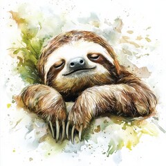 Fototapeta premium Sloth relaxing in lush jungle wildlife photography colorful watercolor artwork close-up