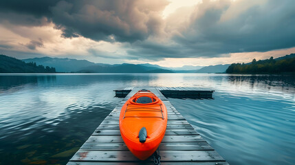 Peaceful Kayaking Escape, An Orange Kayak Awaits on a Serene Lake Dock