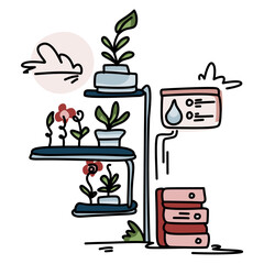 Vertical Farming Tech Hand-drawn illustration of automated vertical farm setup with pH reader, irrigation, grow light. Ideal for agtech, innovation, sustainability content