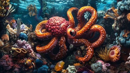 Obraz premium Orange Octopus in Vibrant Coral Reef Underwater