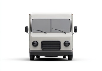 Front view of a light gray vintage food truck on a white background