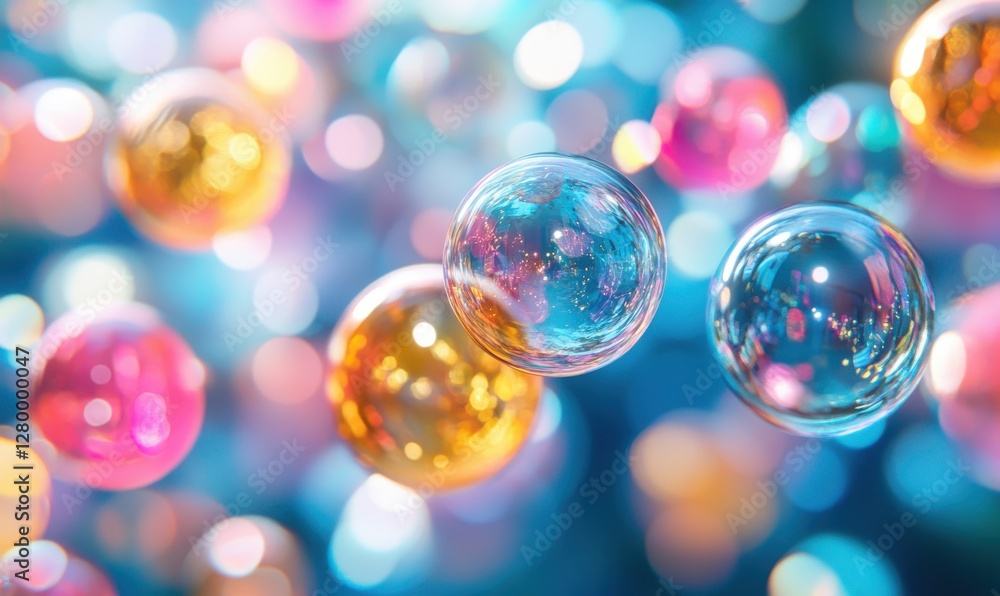 Poster colorful bubbles floating in a dreamy vibrant background with soft light reflections and bokeh effec