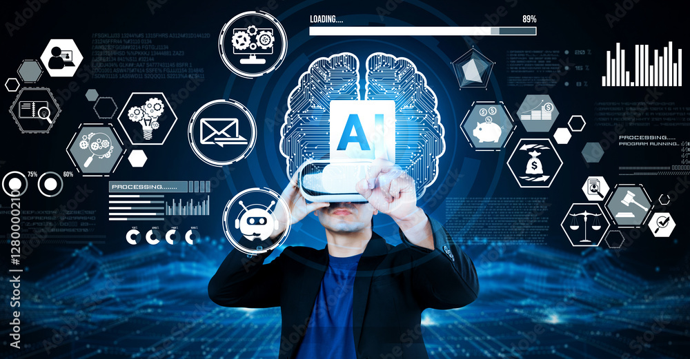 Poster smart businessman wearing suit and vr goggle while using ai assistance planning plan. project manage