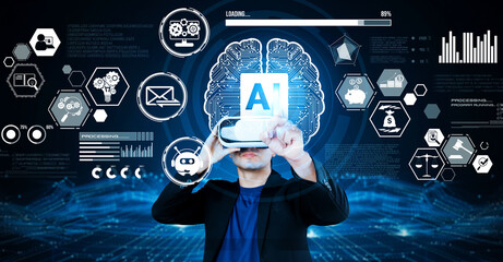 Smart businessman wearing suit and VR goggle while using AI assistance planning plan. Project...