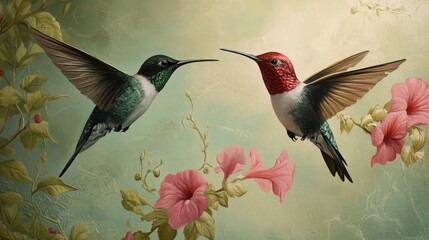 Two Hummingbirds in Flight Near Pink Flowers