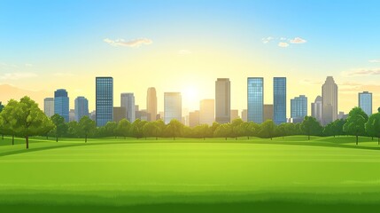 Obraz premium Serene cityscape backdrop vibrant green park foreground sunny skyline perfect for virtual meetings presentations and design templates