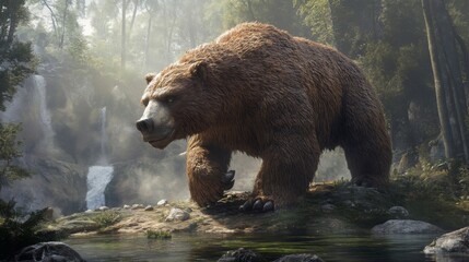 Obraz premium Large Brown Bear Walking by Waterfall in Misty Forest