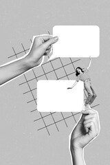 Vertical collage image of two arms fingers black white effect hold empty space dialogue bubble mini...