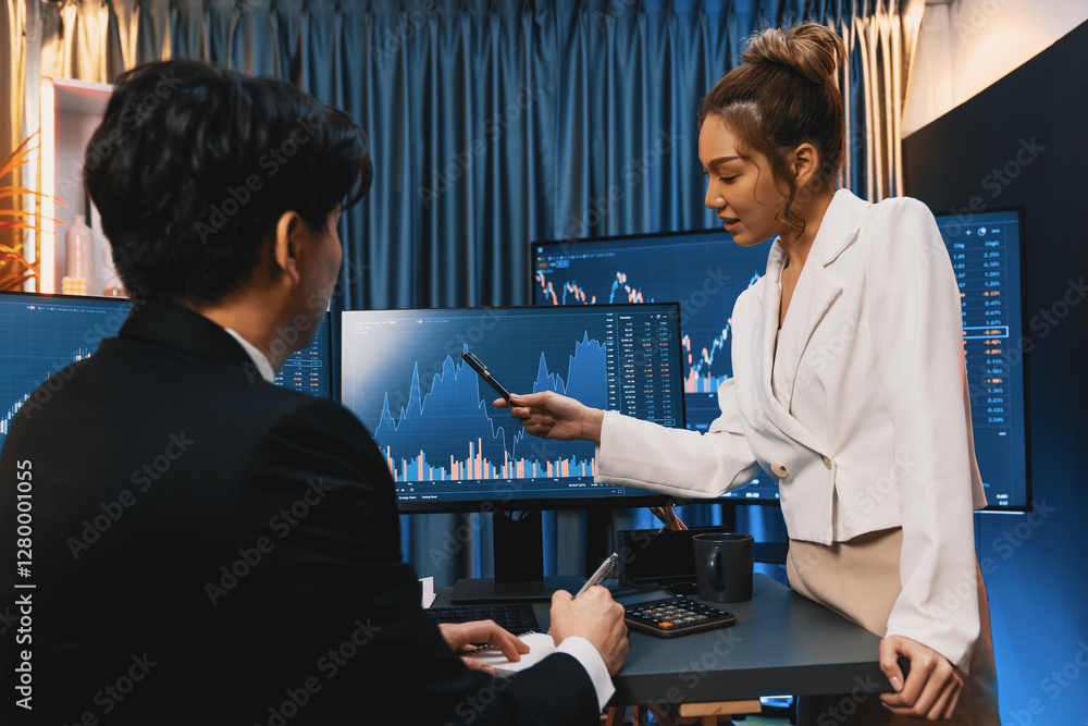 Poster trading business partners discussing on dynamic stock exchange statistic on pc screens taking note o