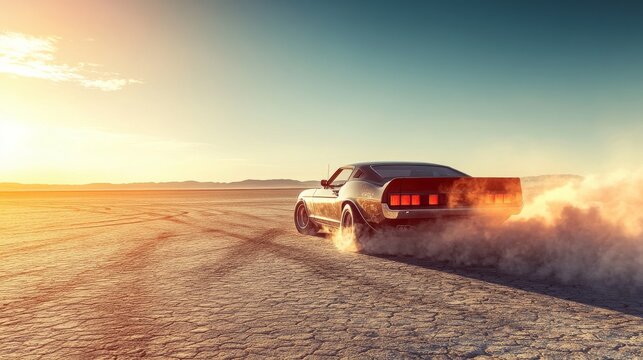 Drag racing car revving up at the start of a race in a desert. Featuring determination and speed