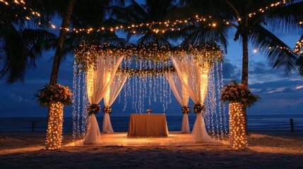 Romantic beach wedding ceremony setup at dusk.