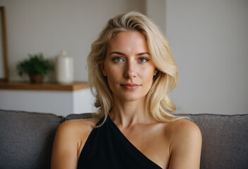 Naklejka premium blonde woman sitting on sofa in elegant dress, feeling pensive and waiting, looking outside, enjoying a quiet moment, uncertainty and contemplation, relaxed weekend at home, thoughtful expression