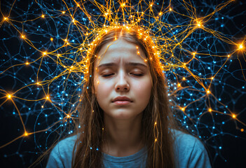 young girl with digital energy surrounding her head, symbolizing thoughts and online connectivity, concept of mental and emotional influence through technology and modern digital world