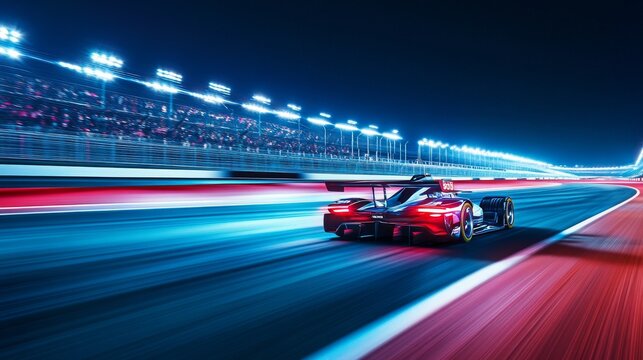 Drag racing car revving up on a futuristic racetrack at night. Featuring technology and speed