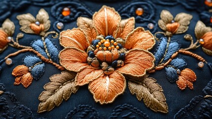 Embroidered floral textile detail, closeup, craft, dark background