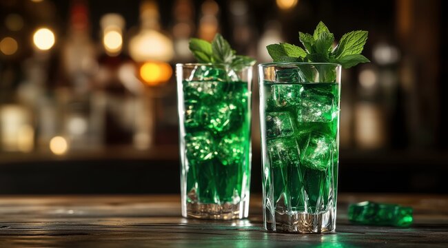 Emerald Elixir: A tantalizing duo of vibrant green cocktails, garnished with fresh mint, sits poised on a rustic wooden surface, inviting refreshment against a backdrop of blurred bar ambiance.