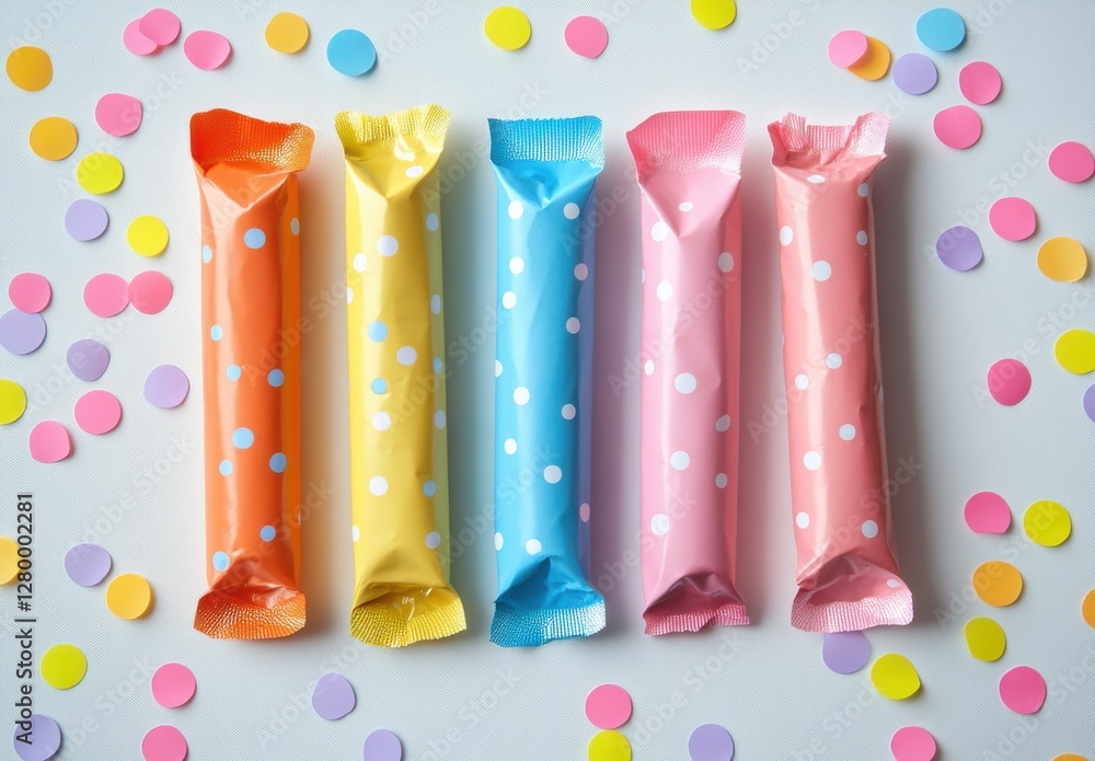 Poster colorful candy wrappers arranged on a light background with scattered colorful confetti creating a f
