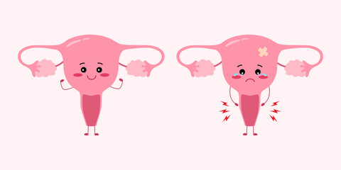Obraz premium Cute healthy uterus and sick uterus vector illustration.