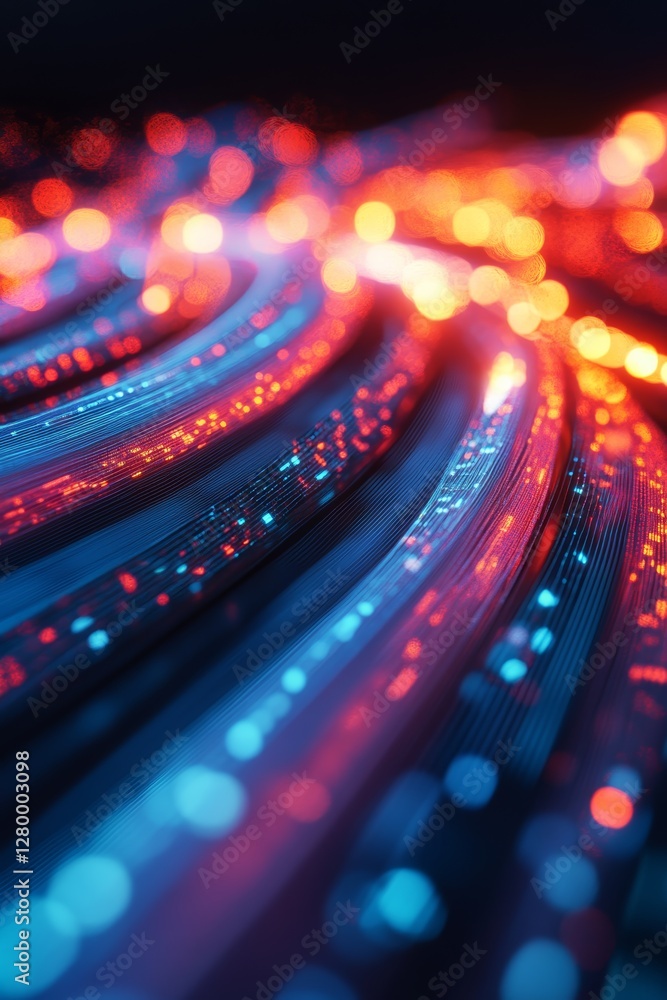 Poster a vibrant, abstract image featuring flowing lines illuminated by glowing blue and red lights, creati
