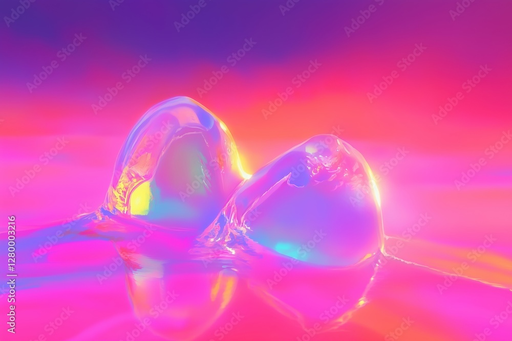 Poster two iridescent soap bubbles resting on a reflective surface, surrounded by a vibrant gradient of pin