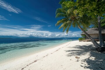 Tropical Beach Paradise With White Sand Turquoise Water and Palm Trees Under Blue Sky