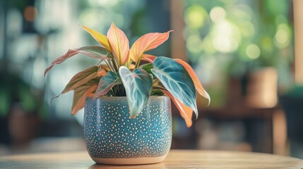 Philodendron Pink Princess in a teal pot, speckled with white. Perfect for blogs, websites, or houseplant articles needing a vibrant image.