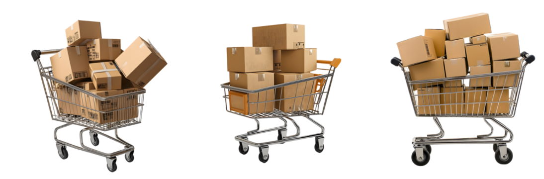 Set of Three Shopping Carts Filled with Cardboard Boxes in a Row.