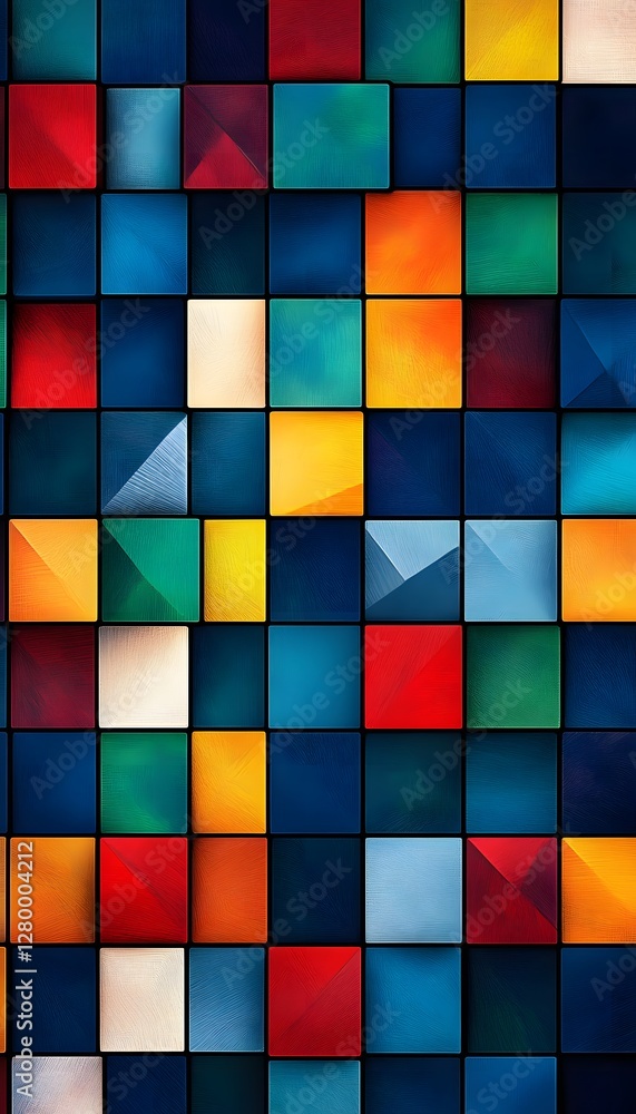 Poster a colorful and geometric pattern of different square tiles