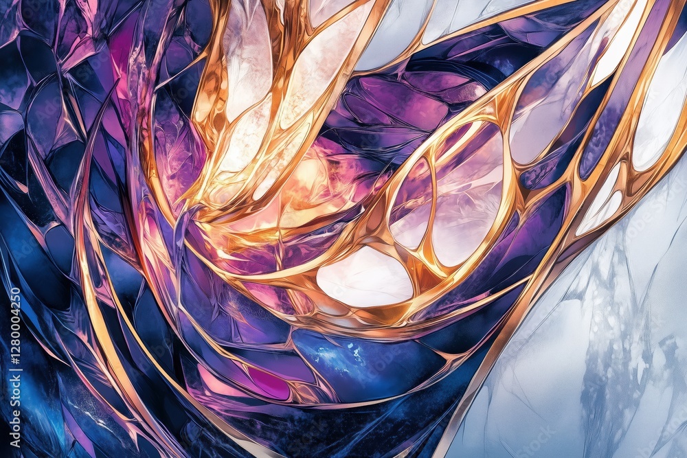 Poster an abstract digital artwork featuring intricate patterns of vibrant colors, including purples, golds