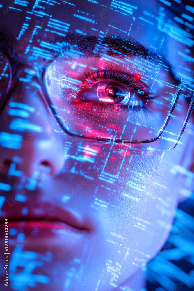 Poster a close-up of a person's face with glasses, overlaid with digital code, creating a futuristic and te