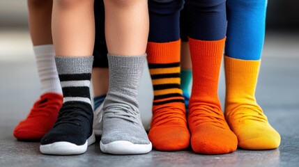 A group of people wearing an array of colorful mismatched socks showcasing their individual style creativity and quirky fashion sense  The vibrant and eclectic collection of socks creates a dynamic