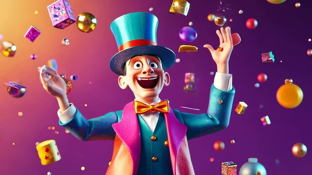 Joyful Ringmaster Amidst a Festive Shower of Gifts and Prizes