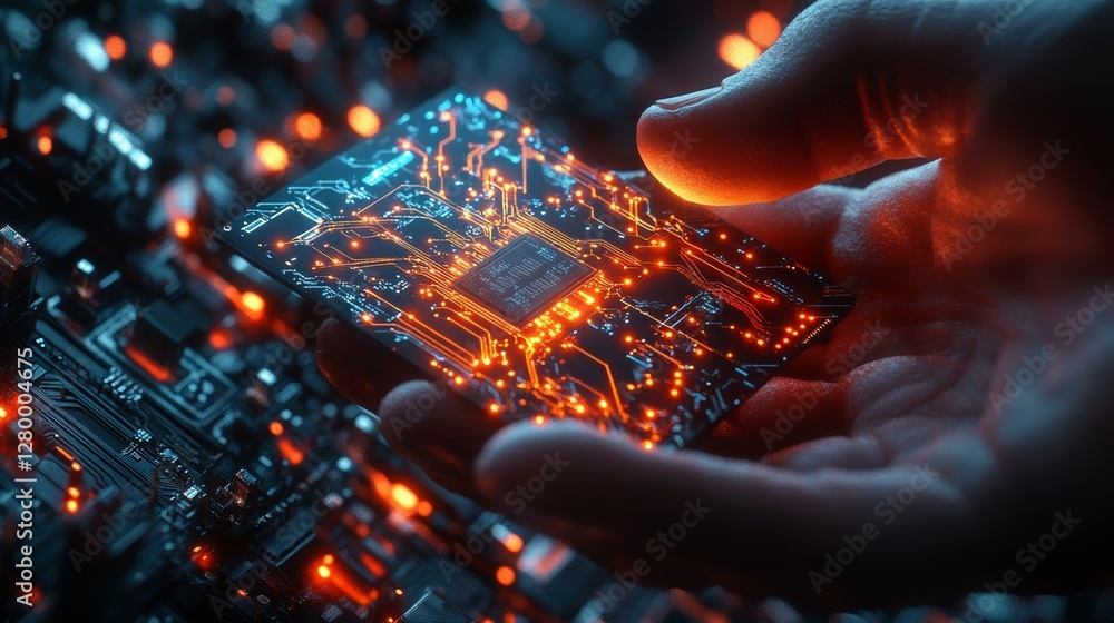 Poster a glowing microchip is held in a hand, surrounded by dark circuit boards illuminated with vibrant or