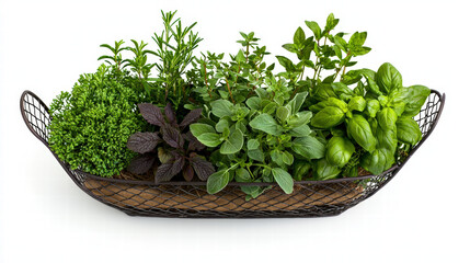 Naklejka premium Fresh herbs in wire basket, including basil, mint, and rosemary, create vibrant display. Perfect for cooking or decoration, these herbs add flavor and freshness to any dish