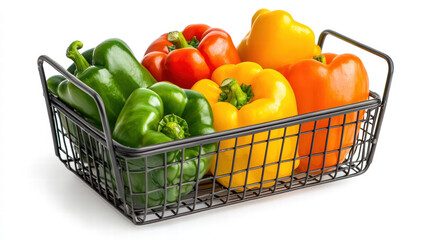 Colorful bell peppers in wire basket create vibrant display of fresh vegetables. This captures essence of healthy eating and colorful cooking
