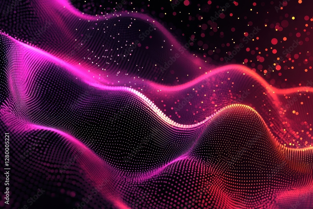 Poster abstract pink and red particle wave background. ideal for tech, music, or design projects needing a 