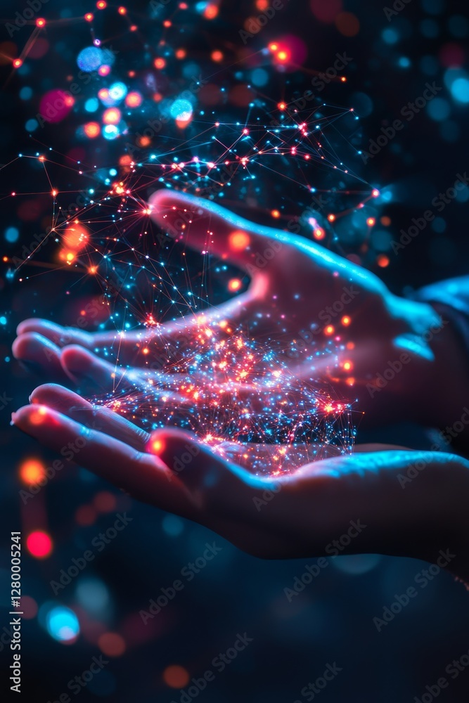 Poster a pair of hands is illuminated with colorful sparkles, creating a mystical and enchanting atmosphere
