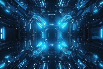 Abstract blue glowing futuristic tech tunnel.